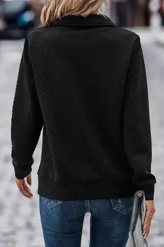 Back view of Half Zipper Quilted Sweatshirt - Women's Sweatshirts FashionFitz in black, showcasing quilted texture and relaxed fit.