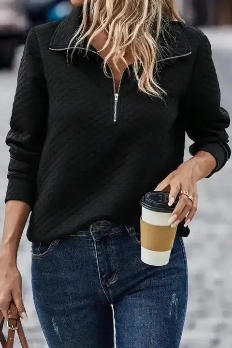 Black half zip quilted sweatshirt front view — Fashionfitz UK