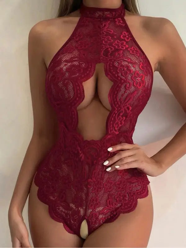 Hallow hearts lace teddy lingerie - wine red / s