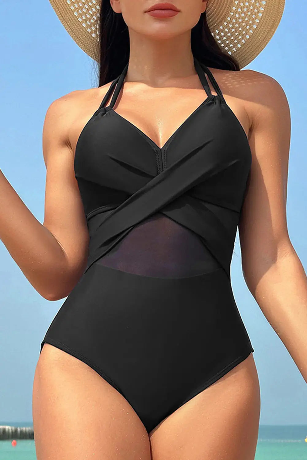Halter mesh one-piece swimsuit - black / s / 80% nylon + 20% spandex - swimwear