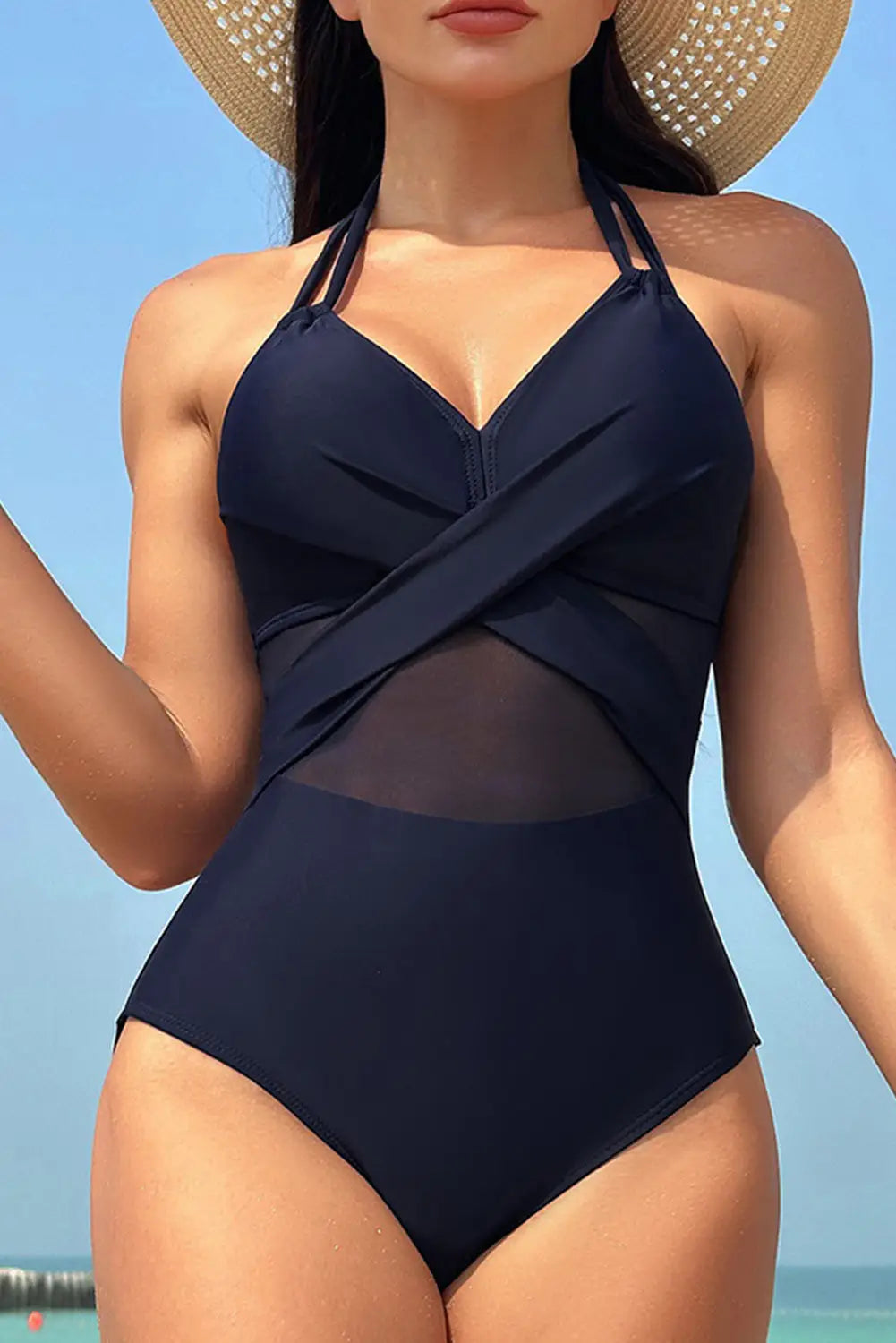 Halter mesh one-piece swimsuit - navy blue / s / 80% nylon + 20% spandex - swimwear