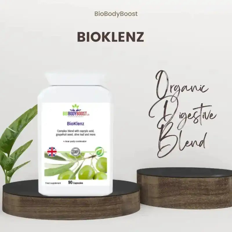 BioKlenz organic digestive blend food supplement with 90 capsules, ideal for travel health and immune support in the Health Travel Supplements Bundle.