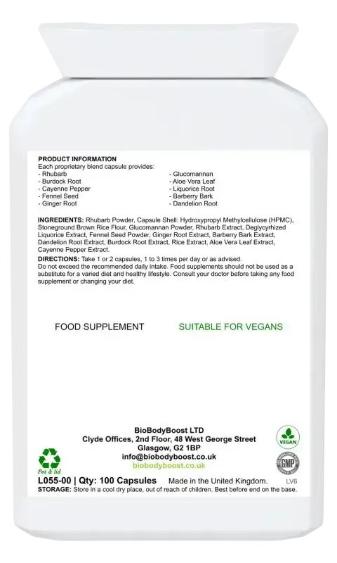 Back label of Herbal Colonix showing herbal colon care complex ingredients, dosage guide and vegan certification