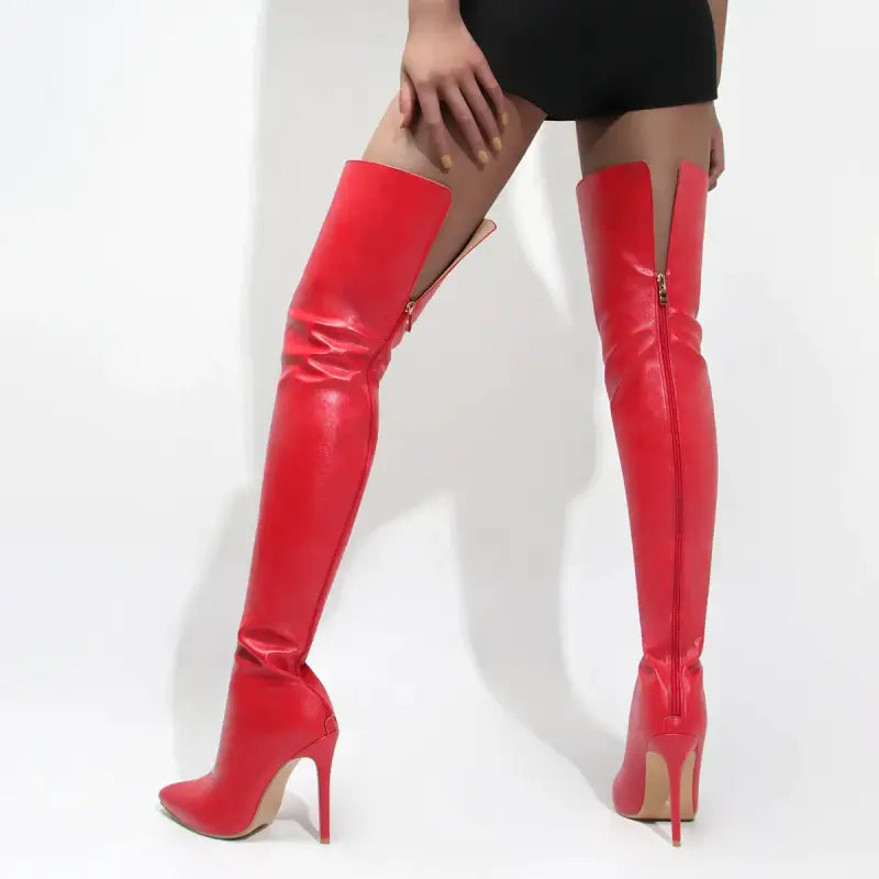 High heels red over the knee boots with back zip