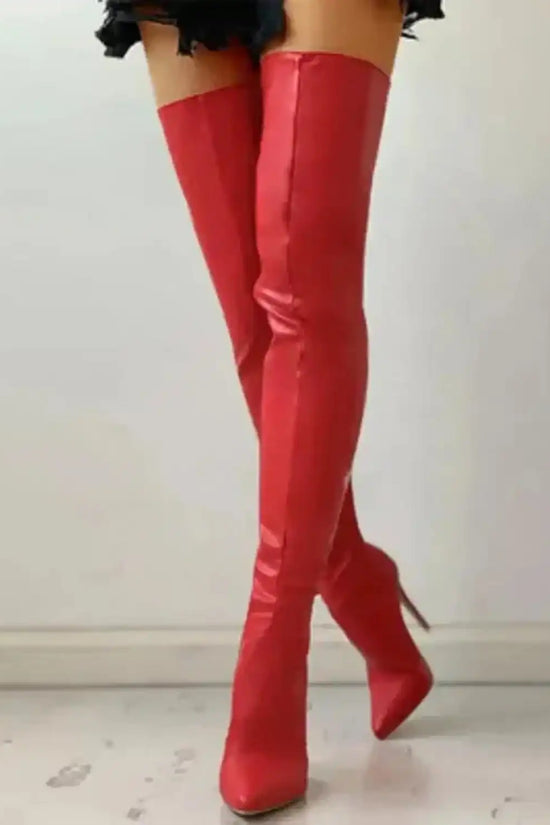 High Heels Red Over The Knee Boots With Back Zip - Fashionfitz