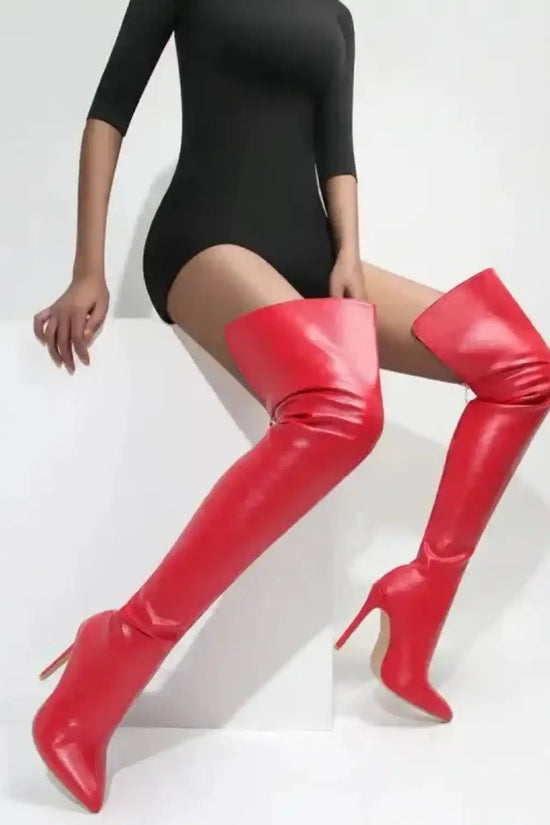 High Heels Red Over The Knee Boots With Back Zip - Fashionfitz