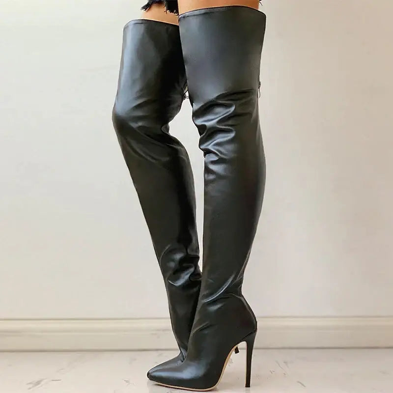 High heels red over the knee boots with back zip