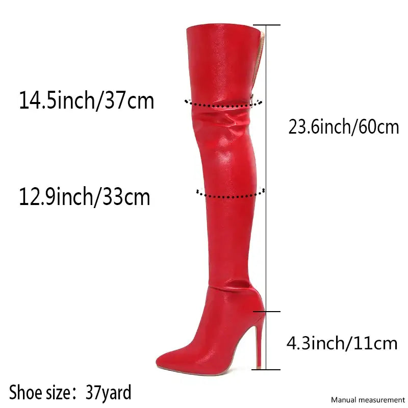 High heels red over the knee boots with back zip