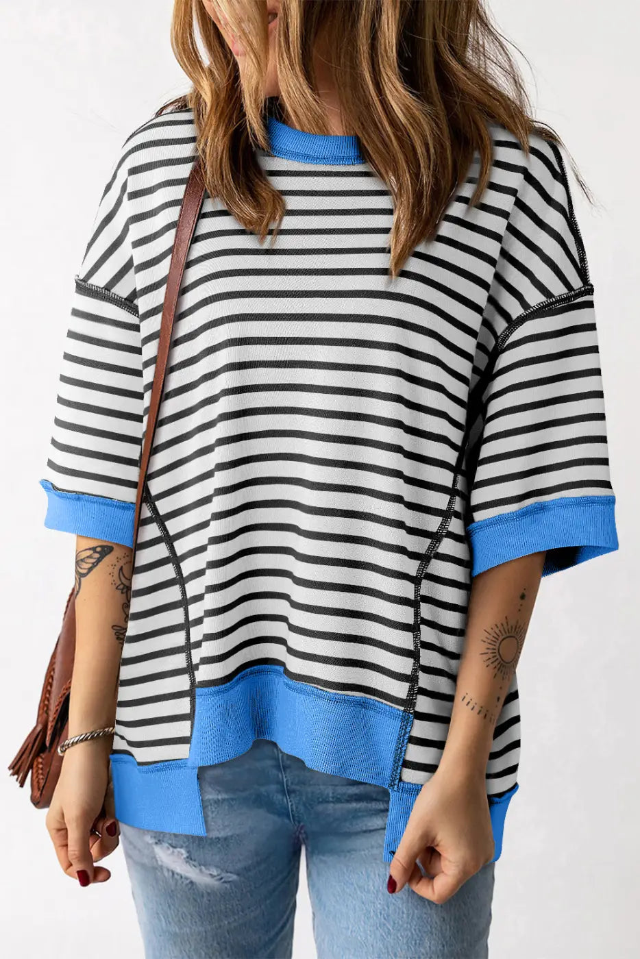 High low t-shirt - black stripe oversized exposed seam - s / 70% polyester + 25% cotton + 5% elastane - t-shirts