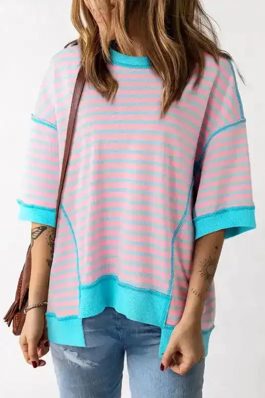 High Low T-Shirt - Pink Stripe Oversized Contrast Trim Exposed Seam - Fashionfitz