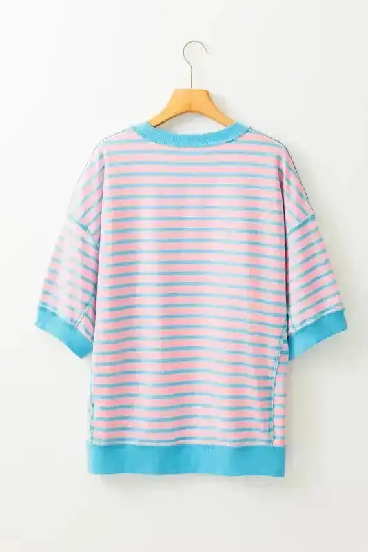 Pink Stripe Oversized High Low T-Shirt Women UK styled as a playfully modern casual everyday outfit — Fashionfitz