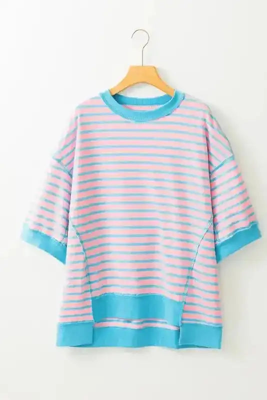 Close-up of Pink Stripe Oversized High Low T-Shirt showing exposed seam and contrast trim detail — Fashionfitz