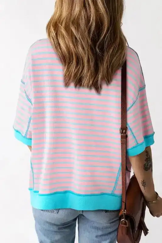 High Low T-Shirt - Pink Stripe Oversized Contrast Trim Exposed Seam - Fashionfitz