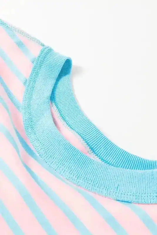 High Low T-Shirt - Pink Stripe Oversized Contrast Trim Exposed Seam - Fashionfitz