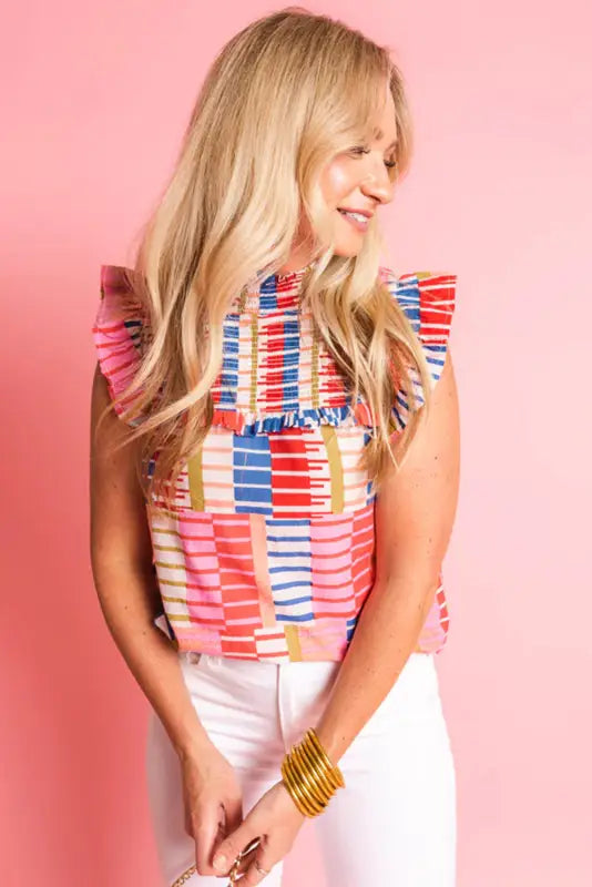 High neck flutter tank top - multicolor striped - tops