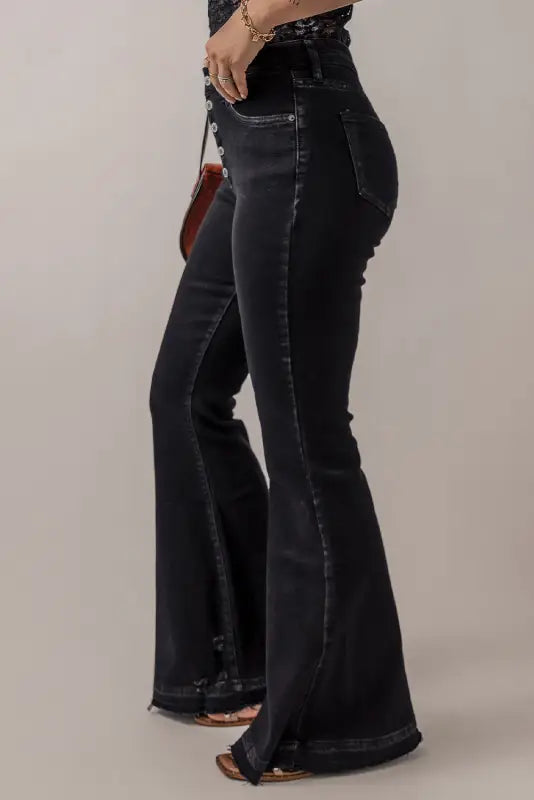 Black high waist button front flare jeans