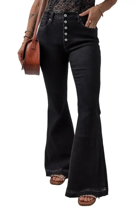 Black high waist button front flare jeans