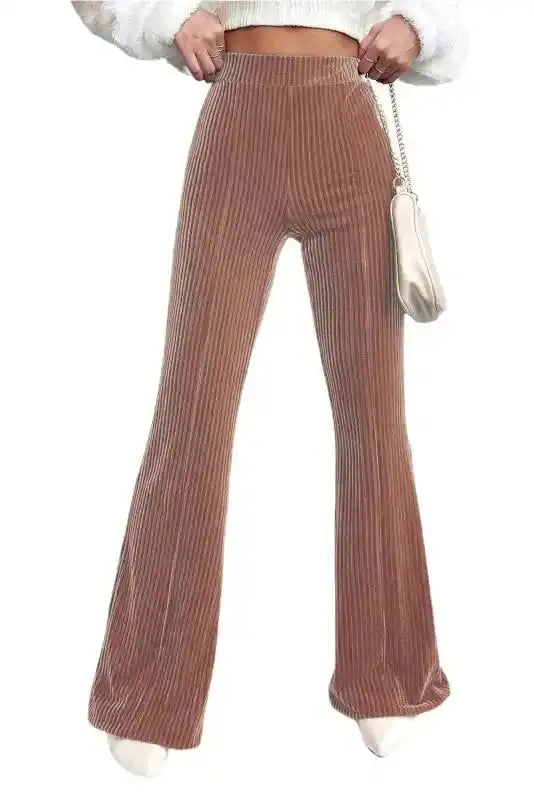 Front view of chic women's flare corduroy pants featuring high waist and flared legs, perfect for casual and modern winter looks.
