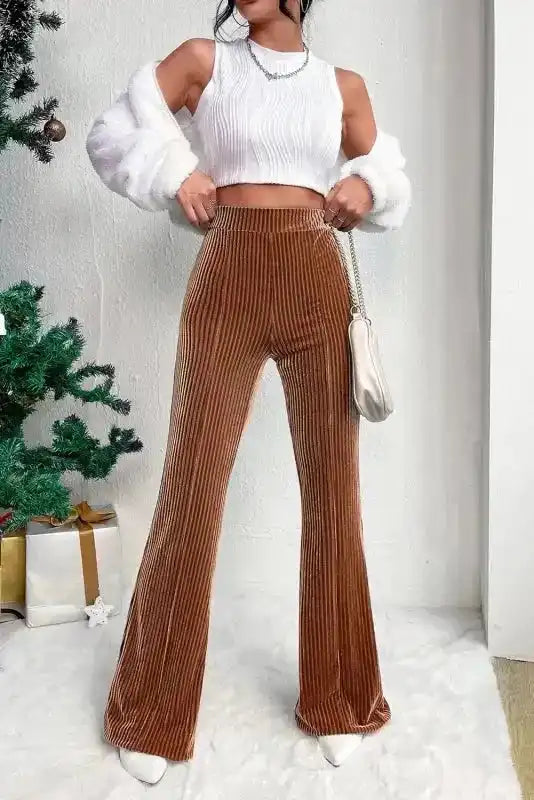 Stylish women's brown flare corduroy pants with high waist, ideal for winter daily wear and casual chic ensembles.
