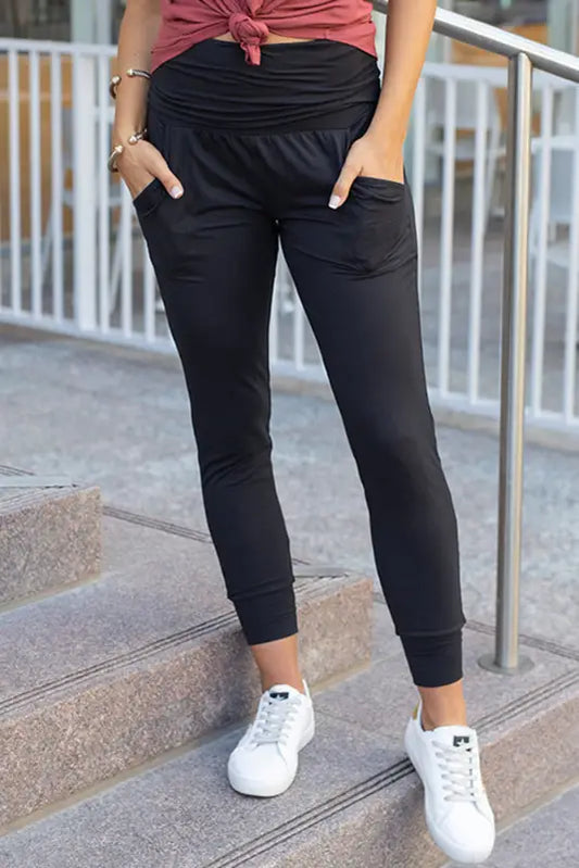 Black high waist pleated pocket leggings - s / 90% polyester + 10% elastane