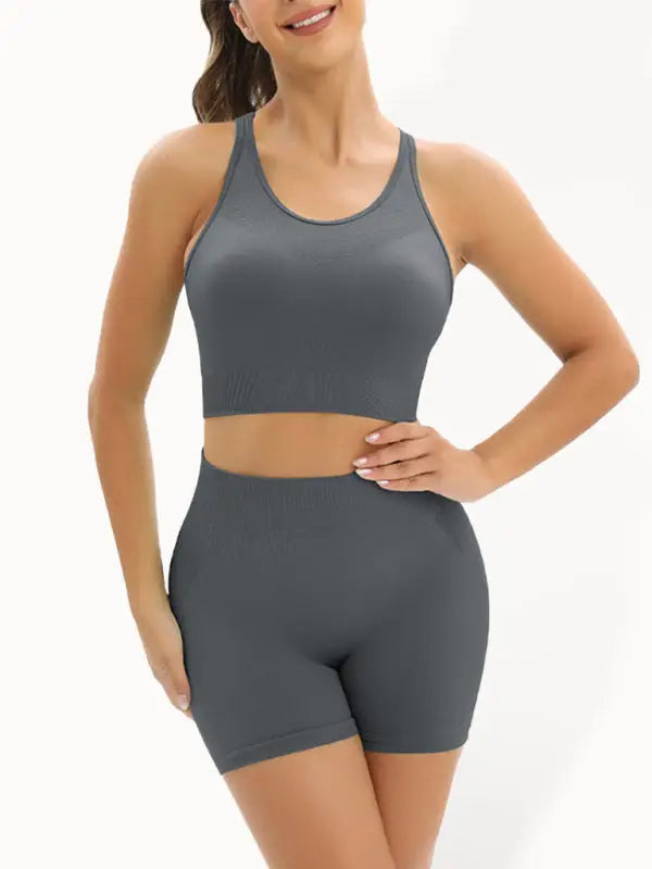 High waist seamless tank top shorts two-piece set - charcoal grey / s - activewear