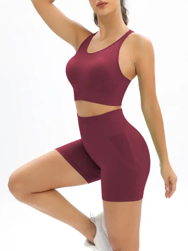 High waist seamless tank top shorts two-piece set - wine red / s - activewear