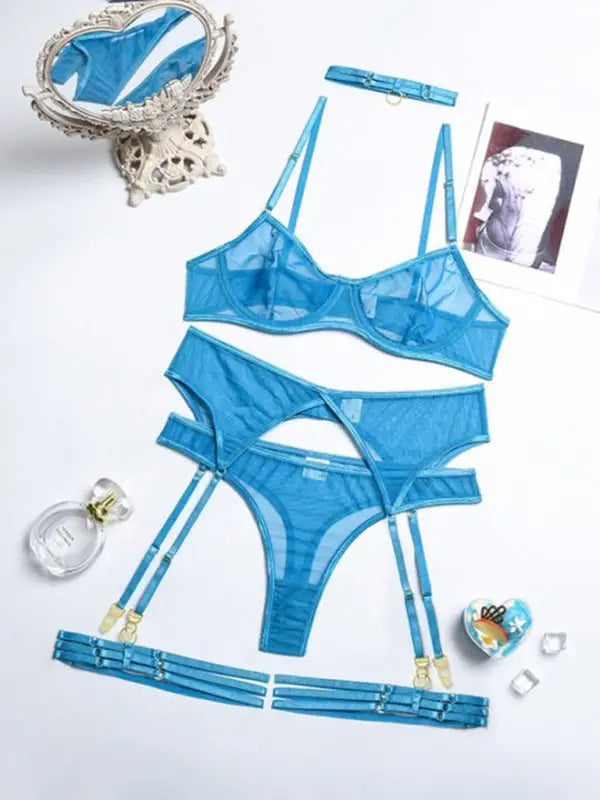 Holiday romance mesh 4 piece garter set - acid blue / s - sets