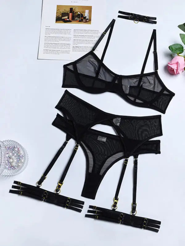 Holiday romance mesh 4 piece garter set - black / s - sets
