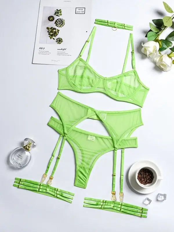 Holiday romance mesh 4 piece garter set - fruit green / s - sets