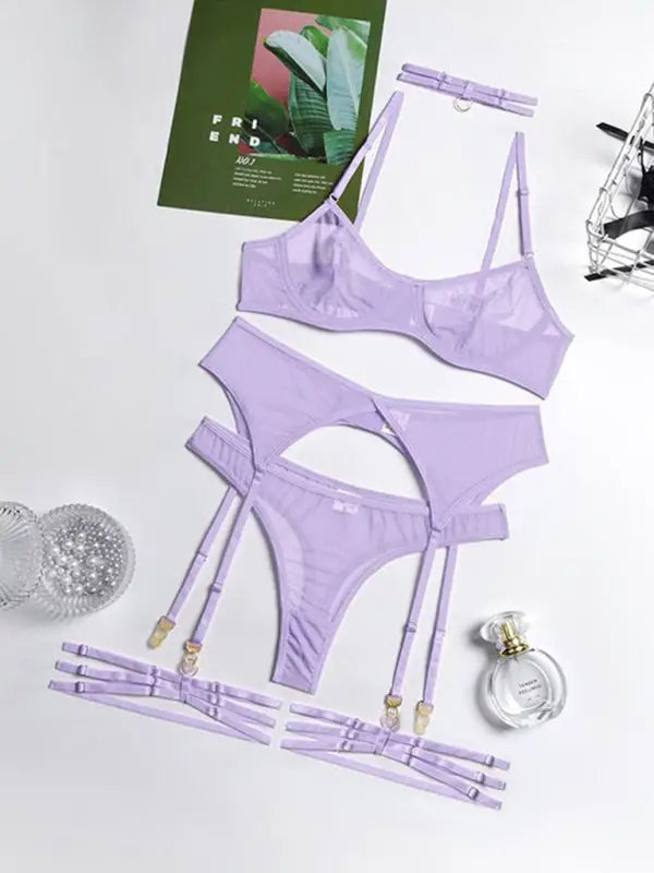 Holiday romance mesh 4 piece garter set - fuchsia / s - sets