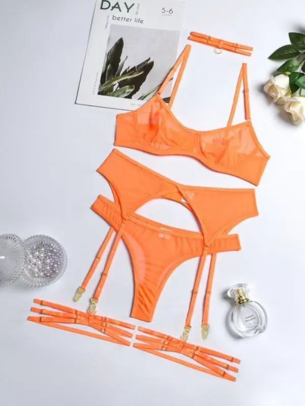 Holiday romance mesh 4 piece garter set - orange / s - sets