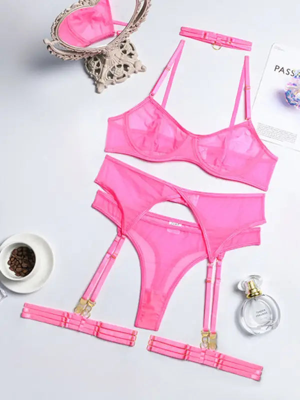 Holiday romance mesh 4 piece garter set - pink / s - sets