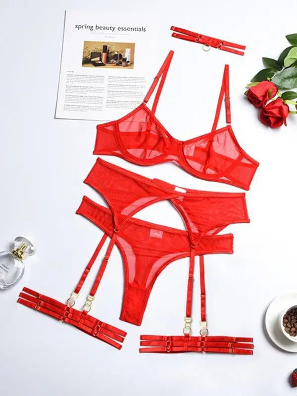 Holiday romance mesh 4 piece garter set - red / s - sets