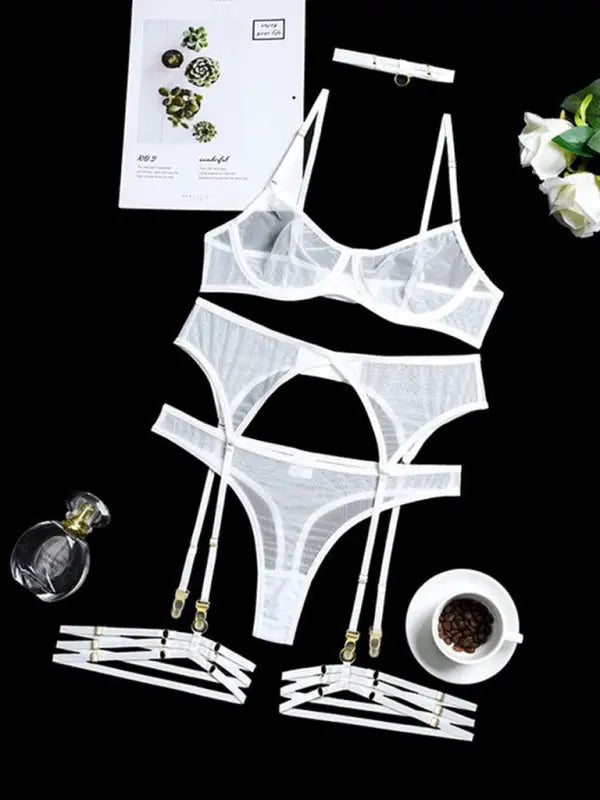 Holiday romance mesh 4 piece garter set - white / s - sets