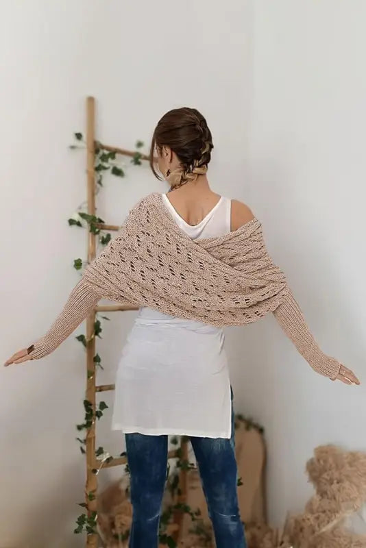 Hollowed knit scarf with sleeves | fashionfitz