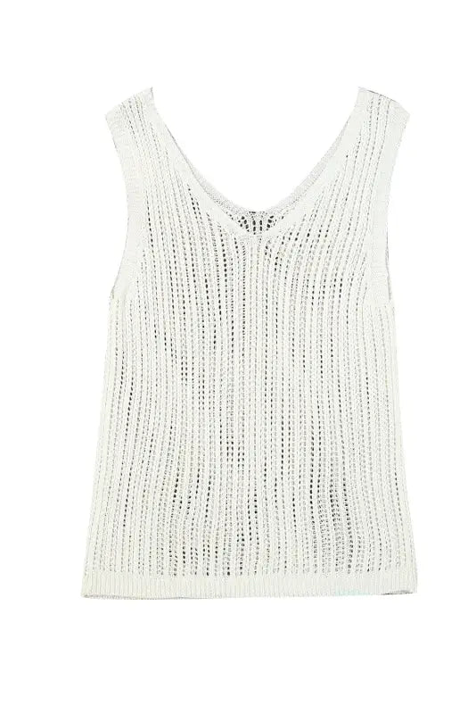 Khaki hollowed knit v neck tank top - tops