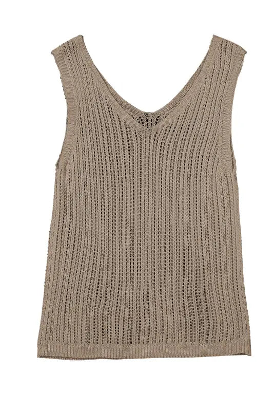 Khaki hollowed knit v neck tank top - tops