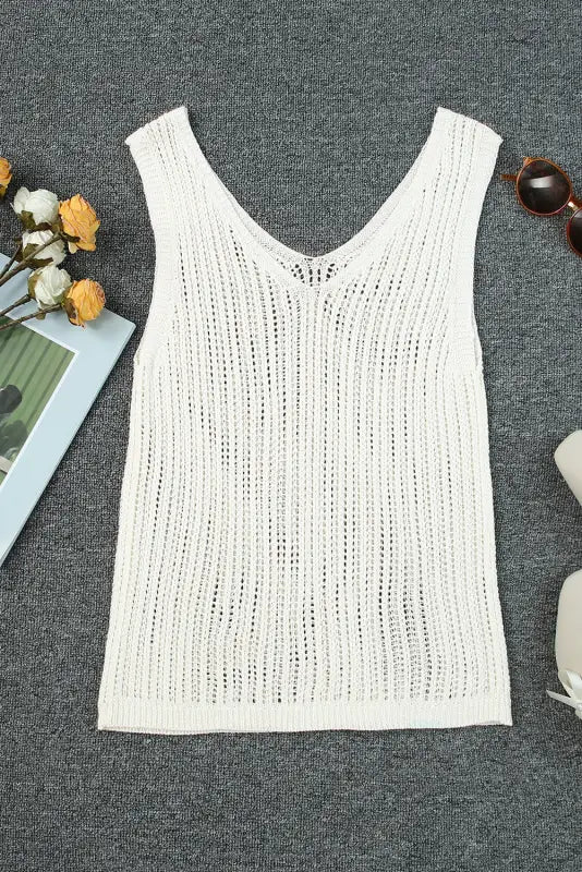 Khaki hollowed knit v neck tank top - tops