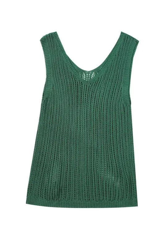 Khaki hollowed knit v neck tank top - tops