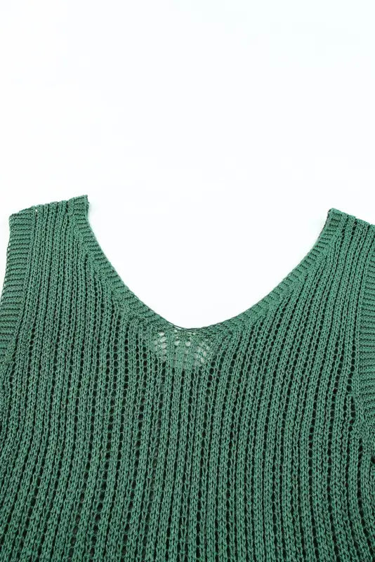 Khaki hollowed knit v neck tank top - tops