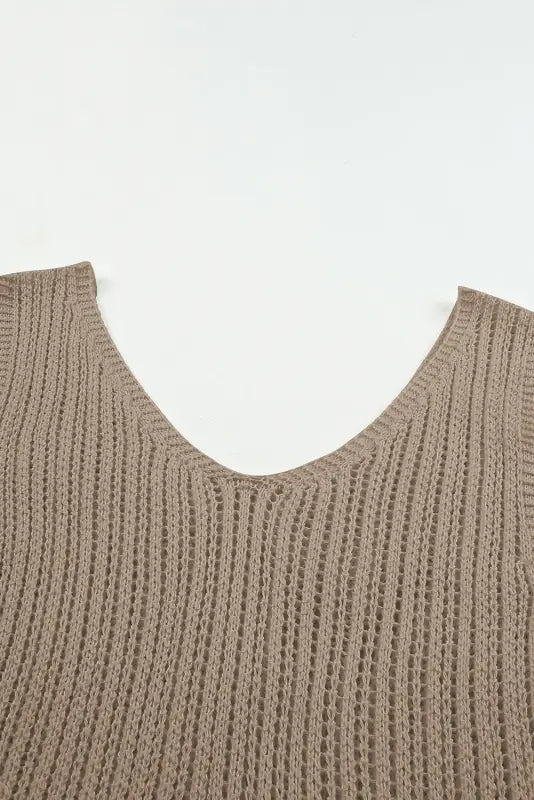 Khaki hollowed knit v neck tank top - tops