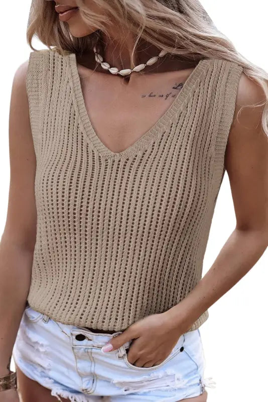 Khaki hollowed knit v neck tank top - tops