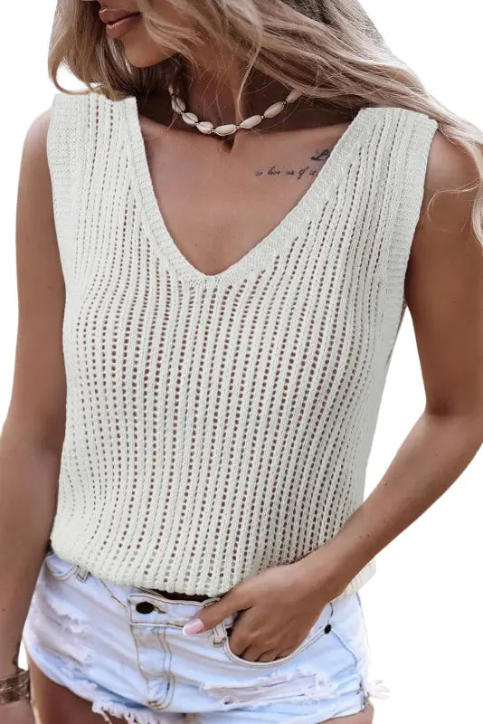 Khaki hollowed knit v neck tank top - tops