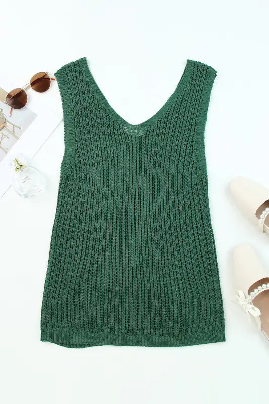 Khaki hollowed knit v neck tank top - tops