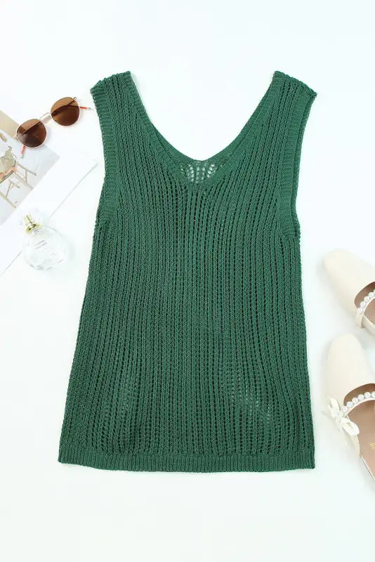 Khaki hollowed knit v neck tank top - tops