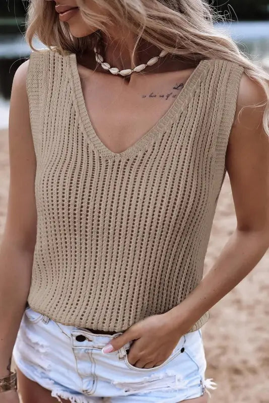 Khaki hollowed knit v neck tank top - s / 100% acrylic - tops