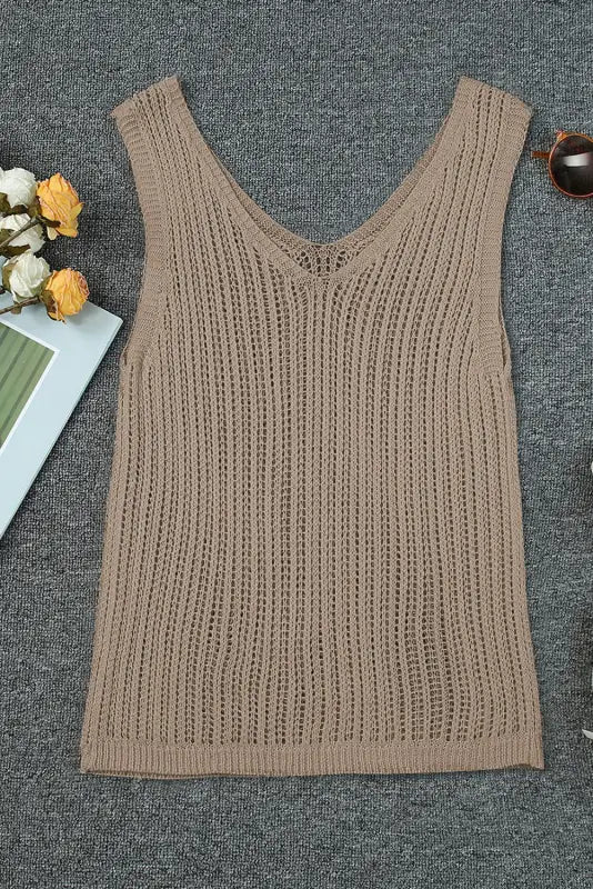 Khaki hollowed knit v neck tank top - tops