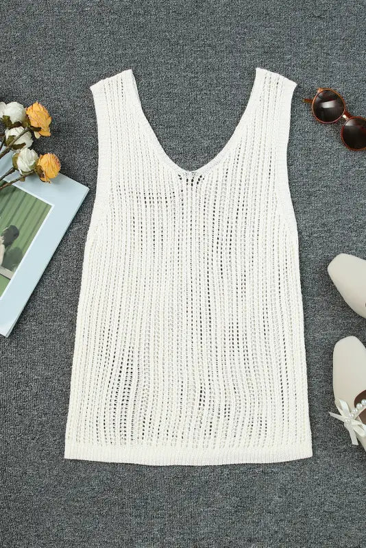 Khaki hollowed knit v neck tank top - tops