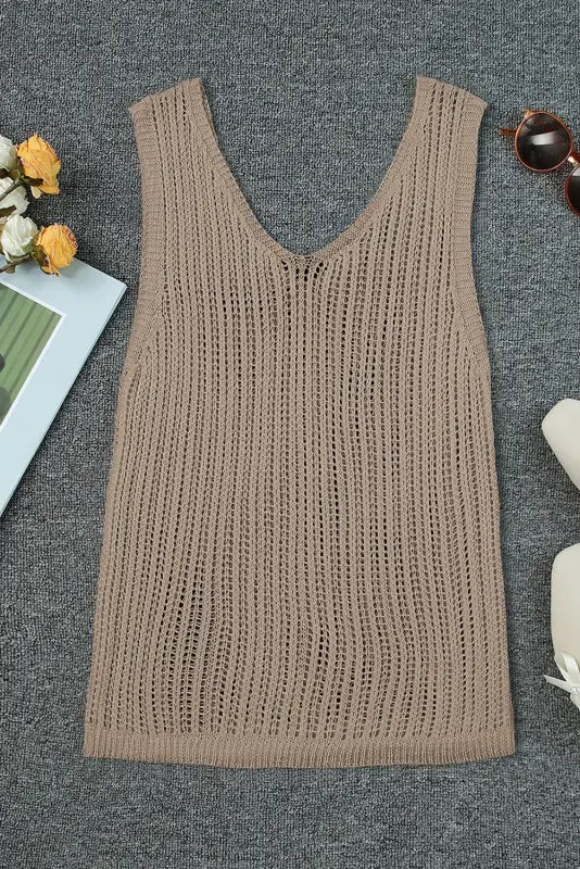 Khaki hollowed knit v neck tank top - tops