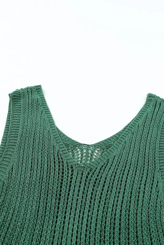 Khaki hollowed knit v neck tank top - tops